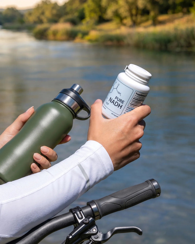 Cyclist holding PureNADH and a water bottle by the river