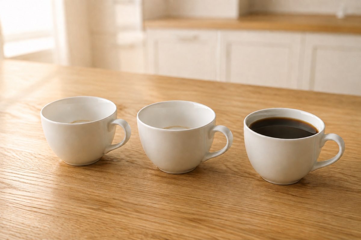 Three white cups on a wooden table, two empty and one full