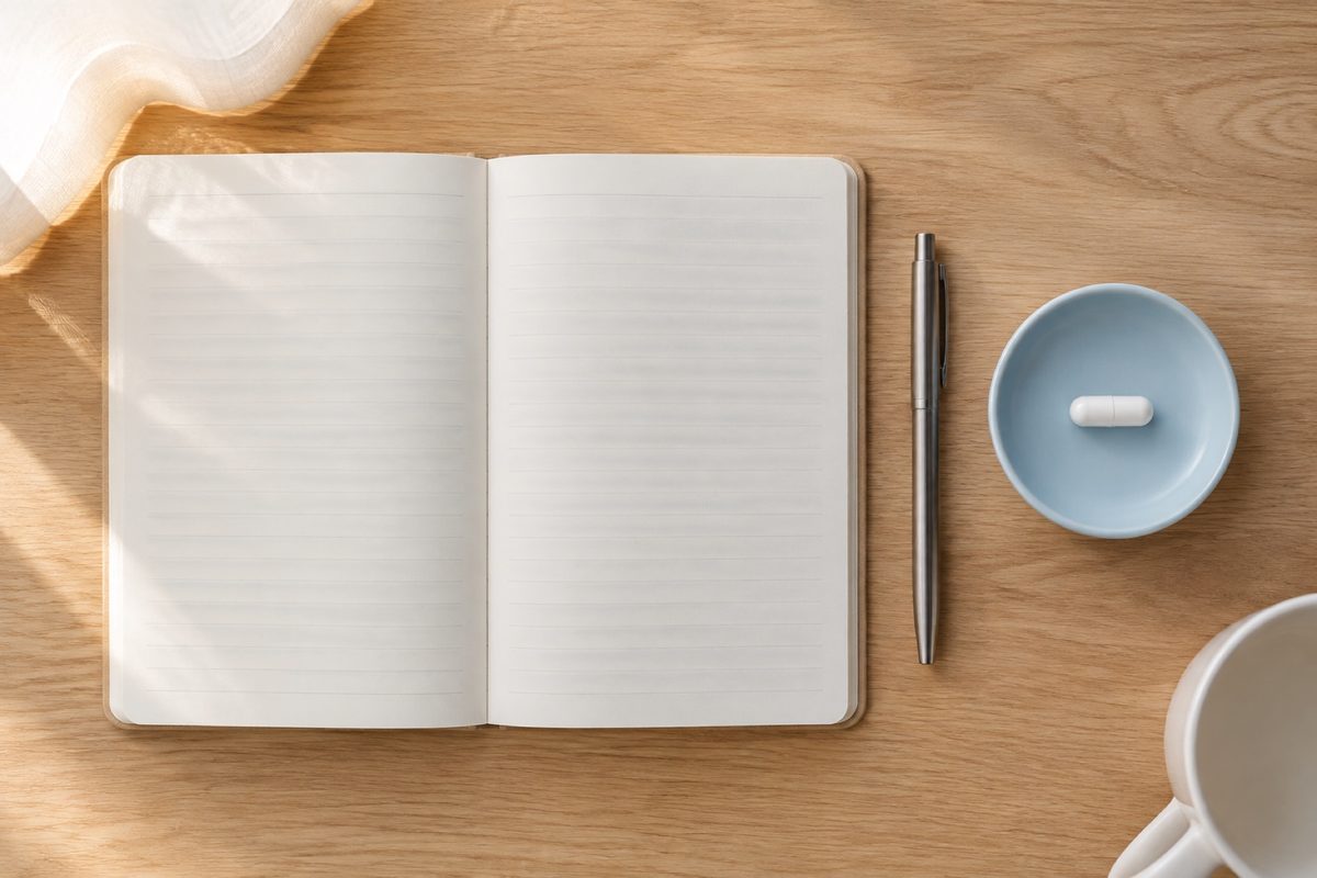 An open notebook, a pen and a capsule on a light desk