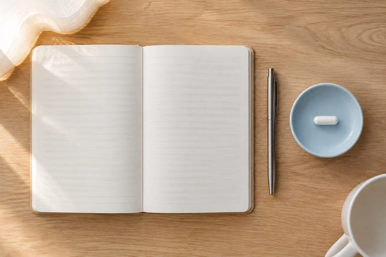 An open notebook, a pen and a capsule on a light desk