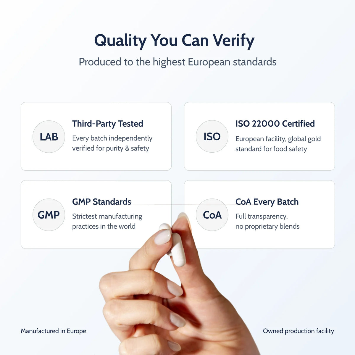PureNADH quality: third-party tested, ISO 22000, GMP made, Certificate of Analysis, capsules in hand