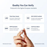 PureNADH quality: third-party tested, ISO 22000, GMP made, Certificate of Analysis, capsules in hand