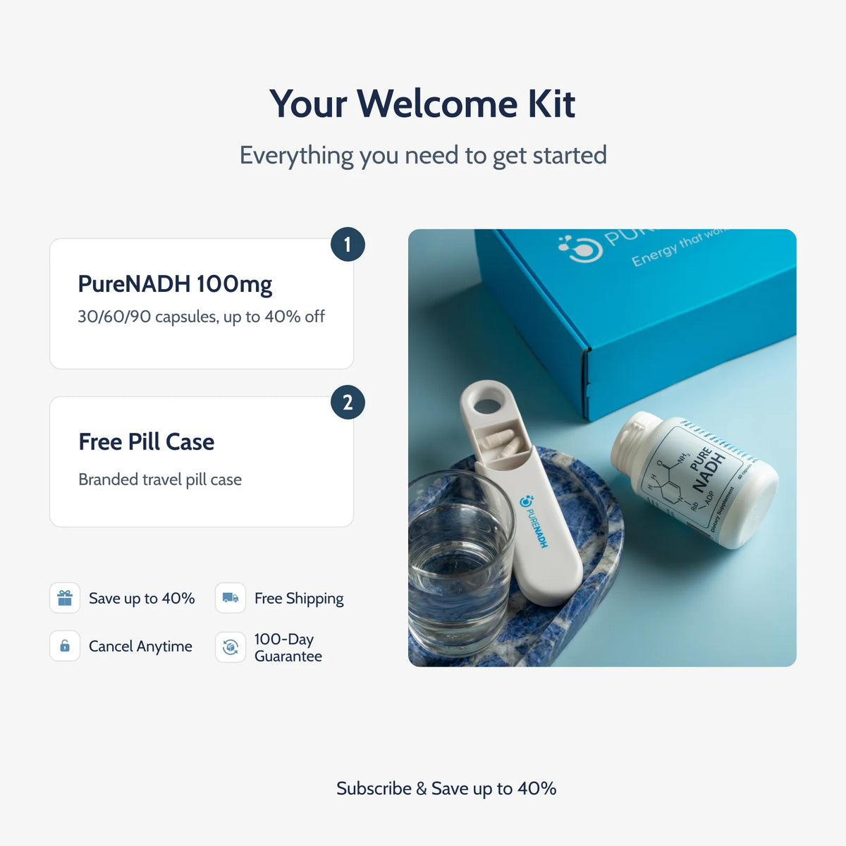 PureNADH welcome kit: 100mg capsules, free branded pill case, and blue gift box