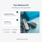 PureNADH welcome kit: 100mg capsules, free branded pill case, and blue gift box